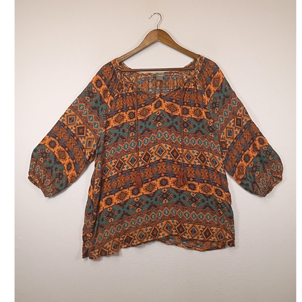 Boho Southwestern Natural Reflections Womens L Orange Geometric Tassel Blouse